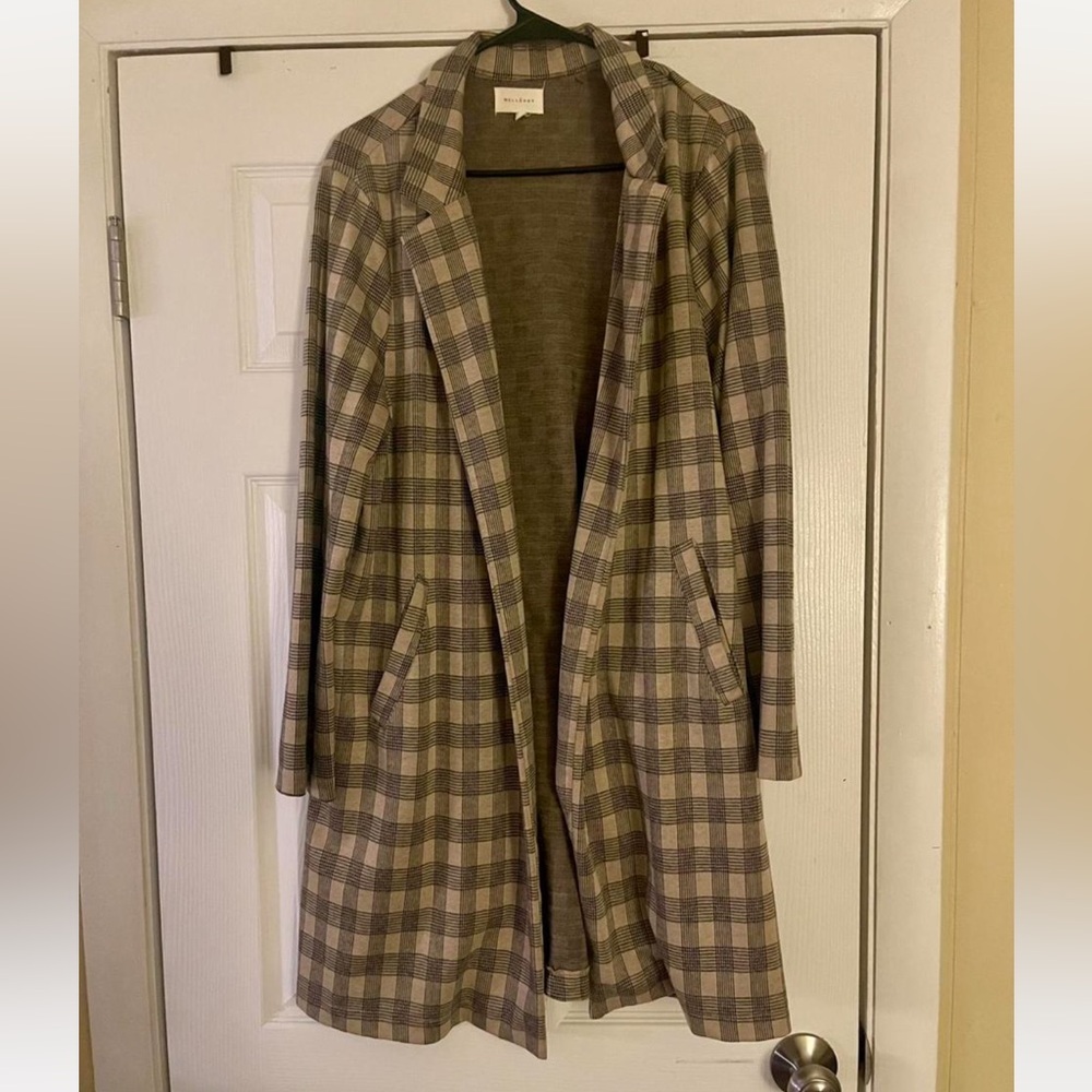 Melloday Nordstrom Long Open Front Cardigan Plaid Neutral Womens size XL